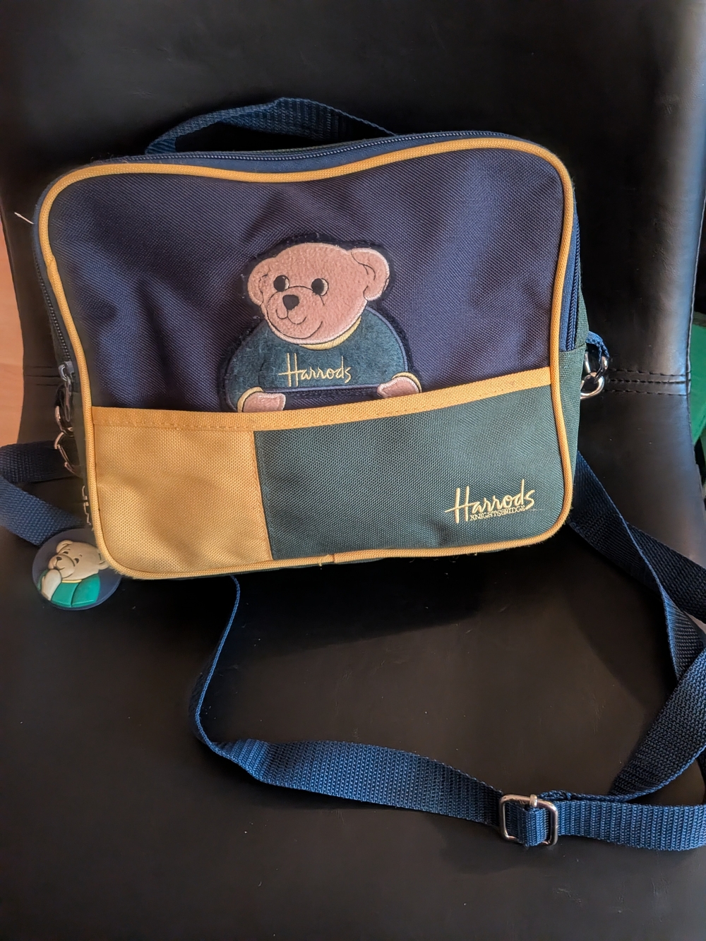 Harrods Collectible Adorable Navy and Tan Bear Canvas Crossbody Bag
